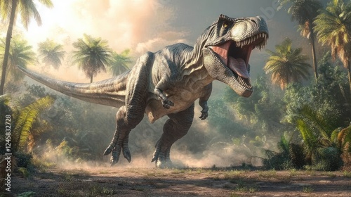 Tyrannosaurus Rex Roaring in Prehistoric Jungle with Lush Ferns and Palm Trees photo