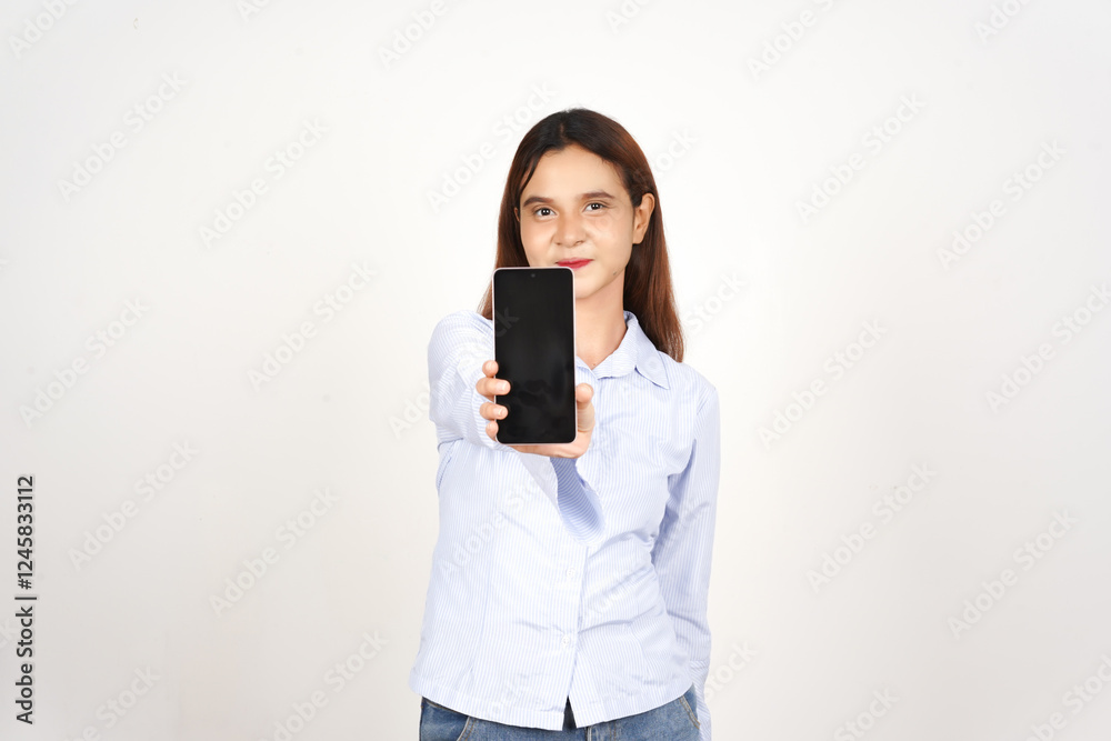 Smiling and Holding smartphone Of Beautiful Asian Woman Isolated On White Background Smiling and Holding smartphone Of Beautiful Asian Woman Isolated On White Background