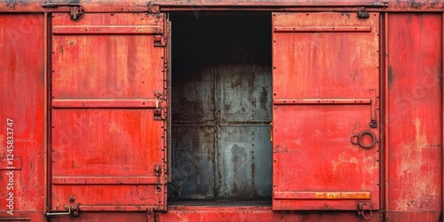 Vintage red freight train car with open doors showcasing weathered metal interior, textured surfaces, and rust stains creating a rustic industrial look.