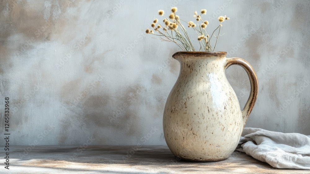 A rustic jug of frothy flower placed on a wooden table, with a minimalistic white background A rustic jug of frothy flower placed on a wooden table, with a minimalistic white background