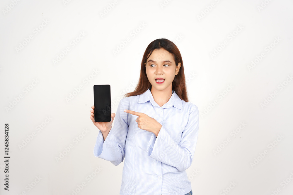 Surprised and Pointing at Smartphone Of Beautiful Asian Woman Isolated On White Background Surprised and Pointing at Smartphone Of Beautiful Asian Woman Isolated On White Background