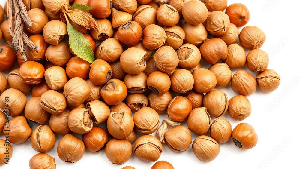 Hazelnuts falling gracefully on plain white background, representing freshness and natural food, snack, harvest, ingredients Hazelnuts falling gracefully on plain white background, representing freshness and natural food, snack, harvest, ingredients