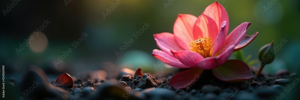 Muted luminescence seeps from a decaying flower, earthy tone, decay, subtle shimmer Muted luminescence seeps from a decaying flower, earthy tone, decay, subtle shimmer