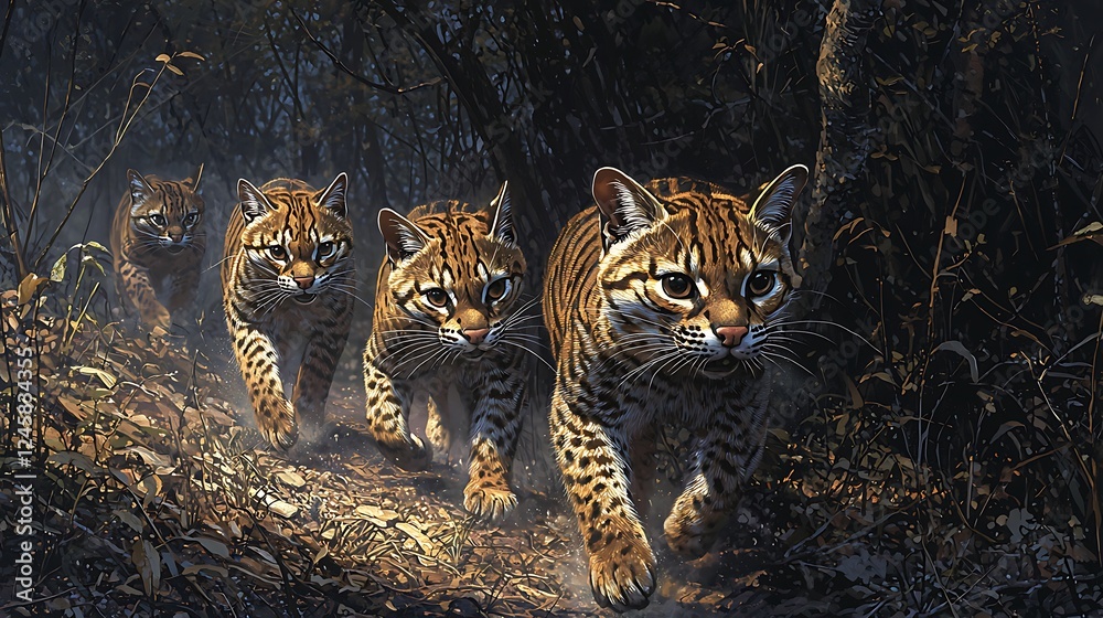 Fototapeta premium Majestic Ocelots Prowling Through the Forest.