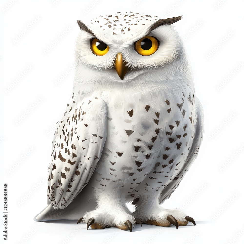 Obraz premium Majestic snowy owl with piercing yellow eyes, isolated on white background