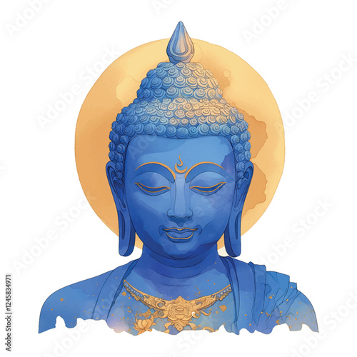 A blue Buddha statue with a yellow moon in the background. The blue color of the statue gives a sense of calmness and serenity