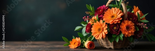 Orange and burgundy flowers are intertwined with foliage and placed on a woven basket against a dark background, , flowers, burgundy