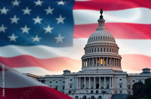 US Flag and Capitol. Washington D.C.
