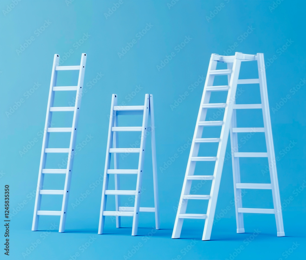 3D vector flat illustration of ladders in different heights, on a blue background, in a white color scheme. 3D vector flat illustration of ladders in different heights, on a blue background, in a white color scheme.