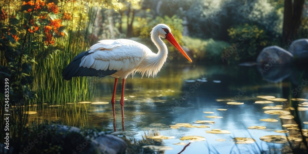 Fototapeta premium Milky stork standing near serene pond with water lilies reflected, vibrant greens and warm sunlight illuminating elegant white feathers and red beak.