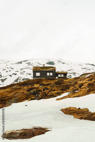 Small cottage in the snowy mountains