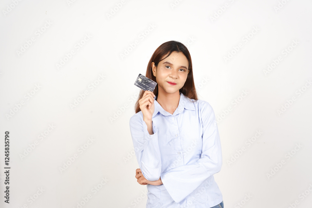 Smiling and Holding Credit Card Of Beautiful Asian Woman Isolated On White Background Smiling and Holding Credit Card Of Beautiful Asian Woman Isolated On White Background
