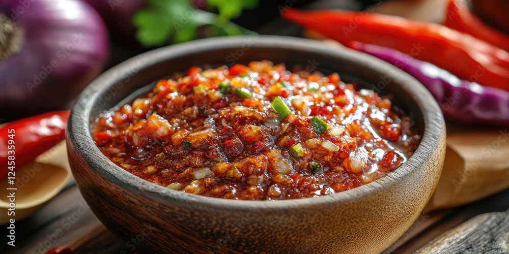 Rich, vibrant salsa in a wooden bowl, featuring red chilies and green onions, with colorful peppers and onions in the background on a rustic table.
