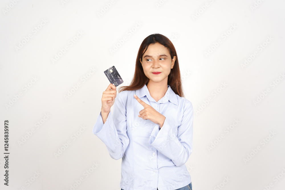 Smiling Pointing and Holding Credit Card Of Beautiful Asian Woman Isolated On White Background Smiling Pointing and Holding Credit Card Of Beautiful Asian Woman Isolated On White Background