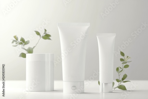 Minimalist skincare display featuring white tubes and a jar with greenery in a well-lit setting