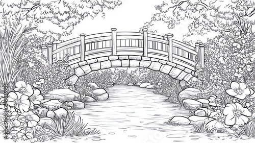 Wallpaper Mural Serene garden bridge over stream, lush foliage, zen calm, coloring book page Torontodigital.ca