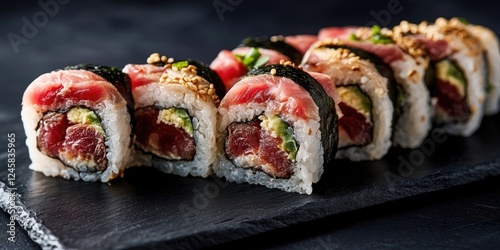 Delicious sushi rolls with a dark background featuring layers of meat and avocado topped with sesame seeds and green onions on a black slate board photo