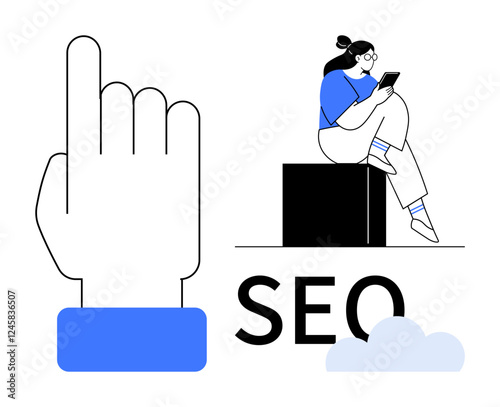 Woman reading on smartphone, sitting on a box above SEO text with cloud and large hand pointing up. Ideal for content marketing, digital strategy, online reading, SEO education, tech use, internet