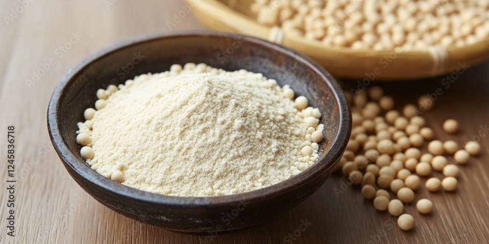 Bowl of fine kinako soy flour in foreground with scattered soybeans on wooden surface and textured bamboo background out of focus Bowl of fine kinako soy flour in foreground with scattered soybeans on wooden surface and textured bamboo background out of focus
