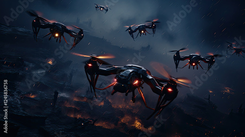 A Swarm of Drones Over a Desolate and Burning Landscape