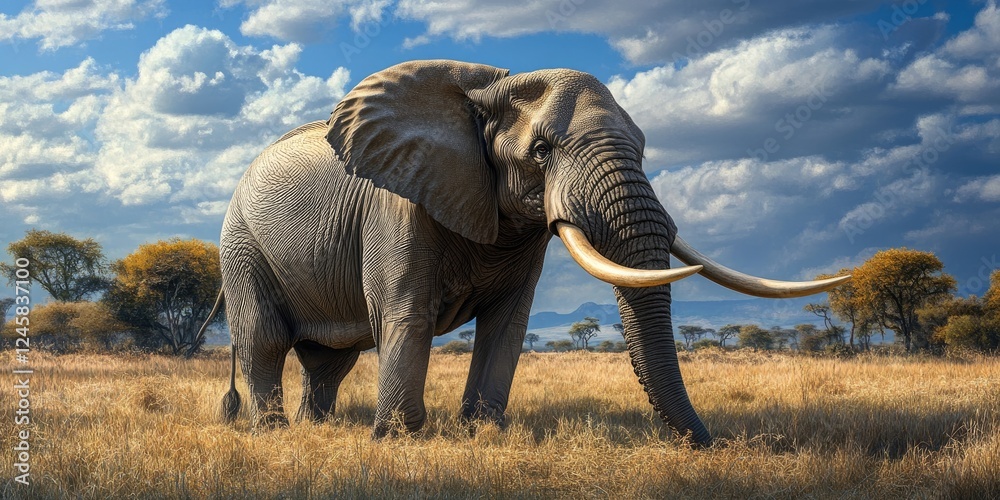 Fototapeta premium Majestic African elephant standing in golden grassland under a vibrant blue sky with fluffy clouds, surrounded by sparse acacia trees.