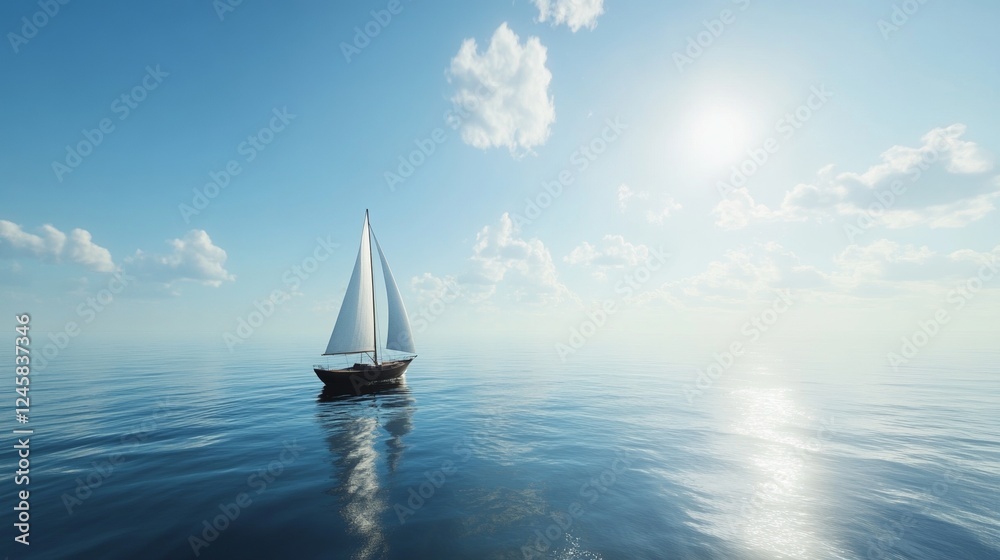 Obraz premium A solitary sailboat on a calm sea during a clear day, with expansive water and sky creating space around it