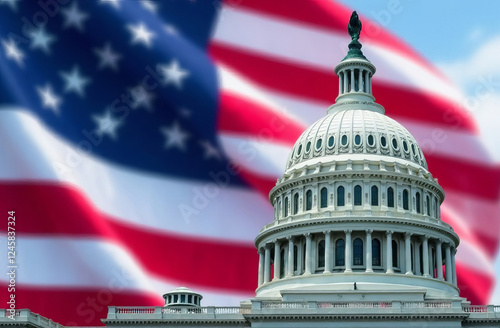 US Flag and Capitol. Washington D.C.