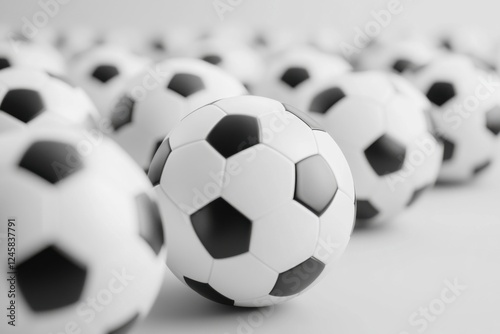 Rows of black and white soccer balls arranged on a plain background for sports activities and events