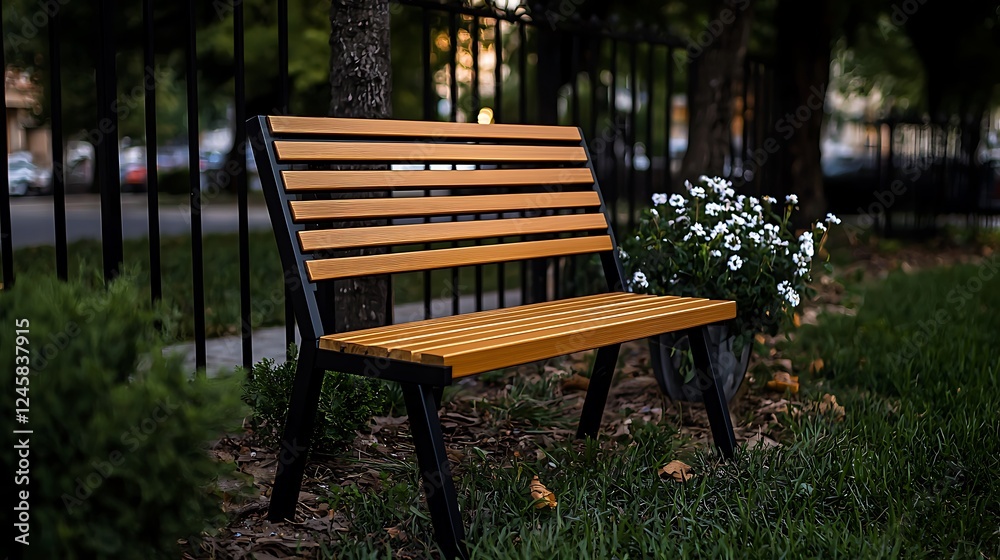 A serene park scene featuring a wooden bench surrounded by greenery and flowers at sunset A serene park scene featuring a wooden bench surrounded by greenery and flowers at sunset