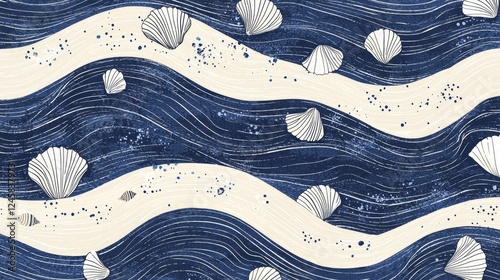 Abstract marine seamless pattern with hand-drawn navy blue stripes, wavy lines, and scattered seashell motifs, creating a soft oceanic texture photo