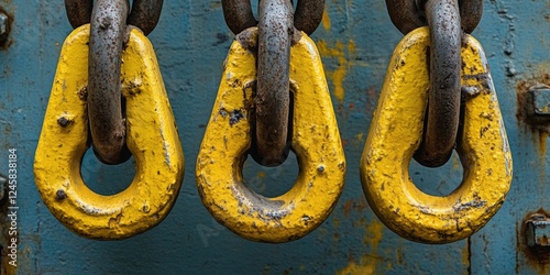 Rusty industrial chains with three yellow lifting hooks connected to a blue surface background highlighting texture and wear from use photo