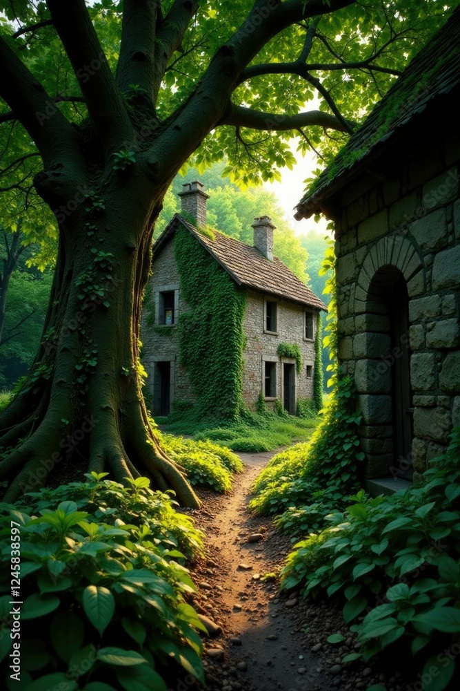 Tree roots wrapping around historic farm buildings, ancient, overgrown Tree roots wrapping around historic farm buildings, ancient, overgrown