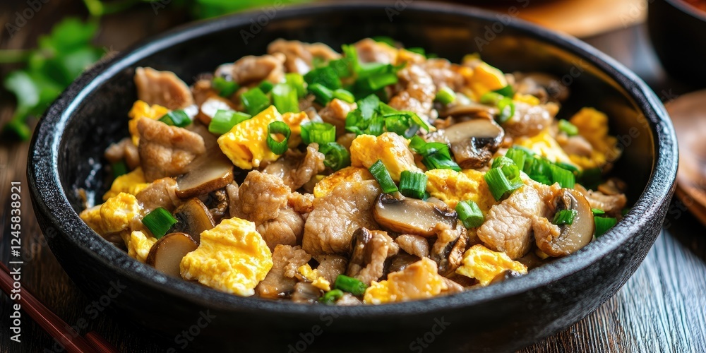 Sizzling stir-fried egg and pork with mushrooms in a rustic black bowl garnished with green onions on a wooden surface, earthy tones and vibrant colors. Sizzling stir-fried egg and pork with mushrooms in a rustic black bowl garnished with green onions on a wooden surface, earthy tones and vibrant colors.