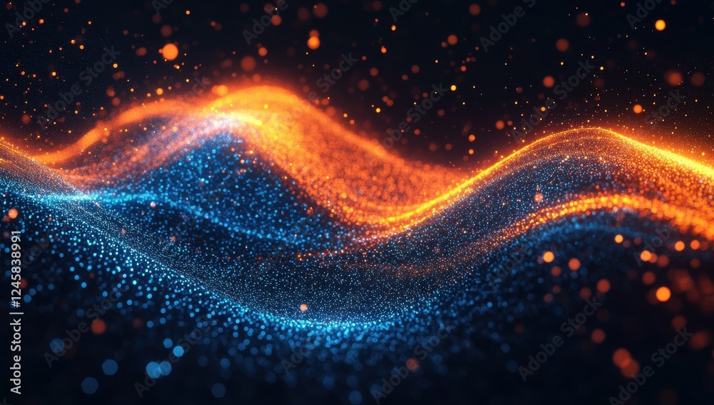 Obraz premium Vibrant Waves of Light Flowing in Orange and Blue Hues Against a Dark Background, Creating a Dynamic and Captivating Visual Experience