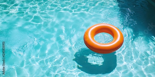 Bright orange inflatable ring floating in clear turquoise pool water, casting a subtle shadow below in a serene summer setting. photo