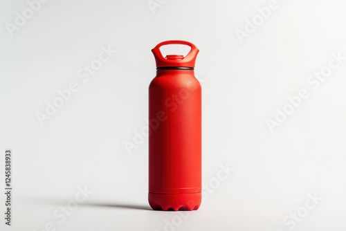 Bright red insulated water bottle standing against a neutral background in modern minimalistic style
