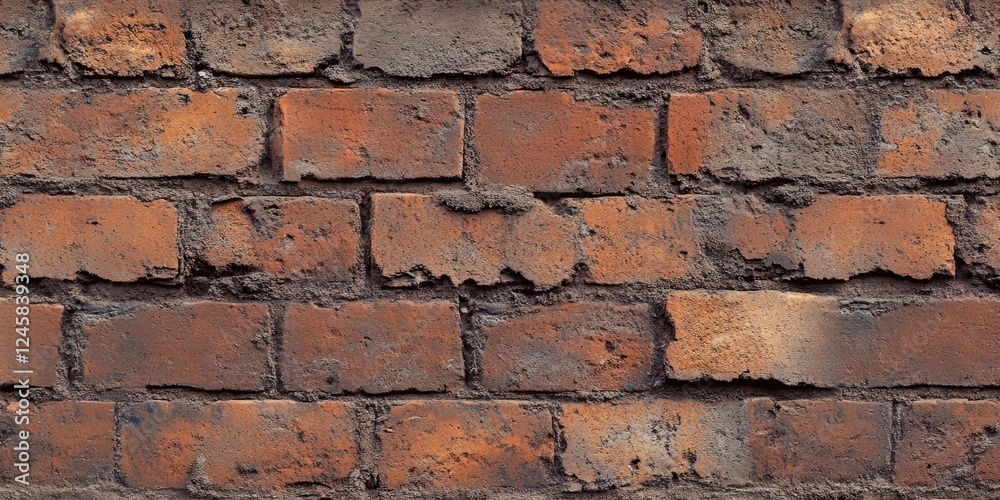Fototapeta premium Textured weathered red brick wall background with irregular shapes, hues of brown and orange, various bricks positioned horizontally, giving a rustic feel.