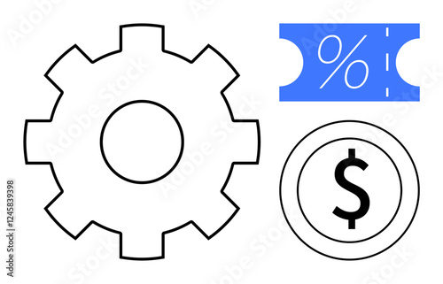 Gear, dollar coin, and discount ticket icons. Ideal for business process optimization, financial management, cost-saving strategies, economic growth, investment planning, profitability and market