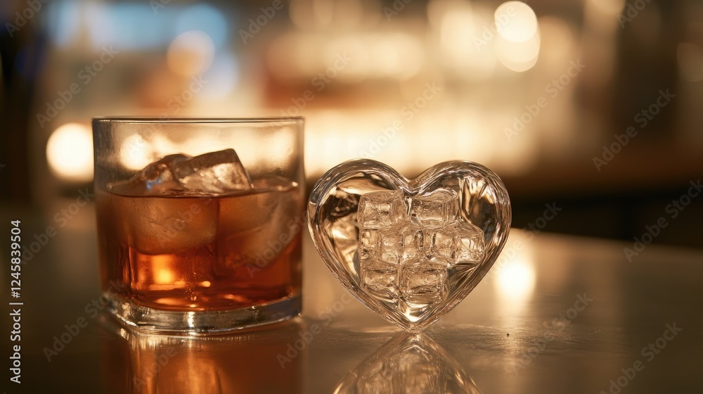 A heart-shaped ice cube sitting beside a drink, showcasing the clarity and intricate shape of the ice, creating a romantic and sophisticated drink presentation. A heart-shaped ice cube sitting beside a drink, showcasing the clarity and intricate shape of the ice, creating a romantic and sophisticated drink presentation.