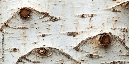 Birch tree bark with unique texture featuring smooth white surface and dark circular nodes, close-up shot highlighting natural patterns and details. photo