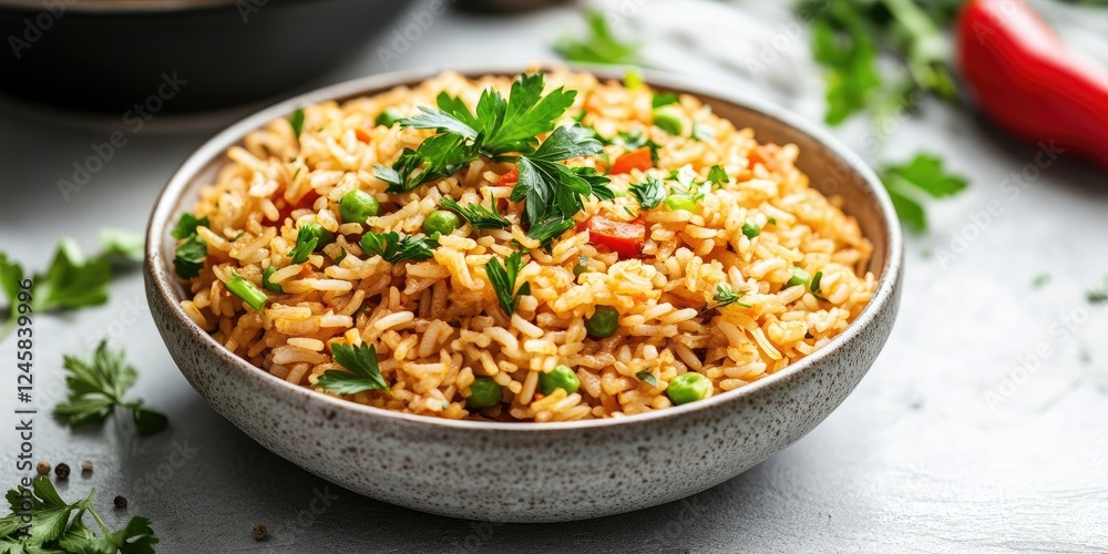 Delicious savory rice dish in a textured gray bowl with green peas and diced tomatoes topped with fresh parsley on a light surface. Delicious savory rice dish in a textured gray bowl with green peas and diced tomatoes topped with fresh parsley on a light surface.