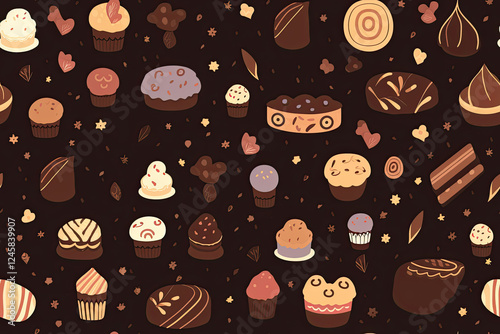 A delightful assortment of chocolates and cakes creates a delicious pattern