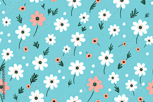 Seamless Pastel Floral Pattern with White and Pink Flowers on Light Blue Background