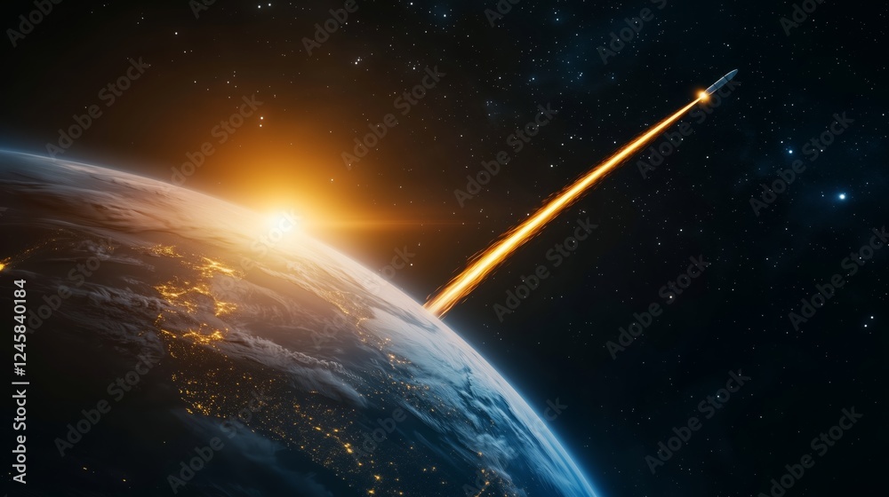 Obraz premium Rocket Launch with Curving Trajectory Toward Orbital Path Around a Glowing Earth with Blues and Greens Against Deep Space
