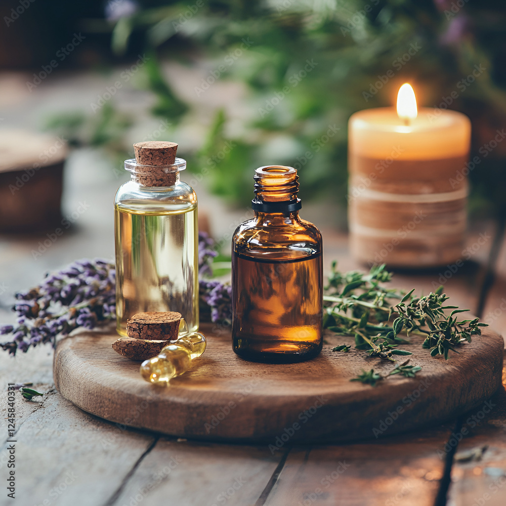 Aromatherapy Serenity: A close-up shot showcasing the tranquil essence of aromatherapy, with glass bottles of essential oils, fragrant herbs, and a softly glowing candle. Aromatherapy Serenity: A close-up shot showcasing the tranquil essence of aromatherapy, with glass bottles of essential oils, fragrant herbs, and a softly glowing candle.