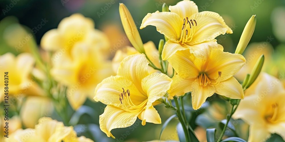 Fototapeta premium Yellow daylilies in full bloom, showcasing vibrant yellow petals with green foliage in a blurred garden background, bright and cheerful atmosphere.
