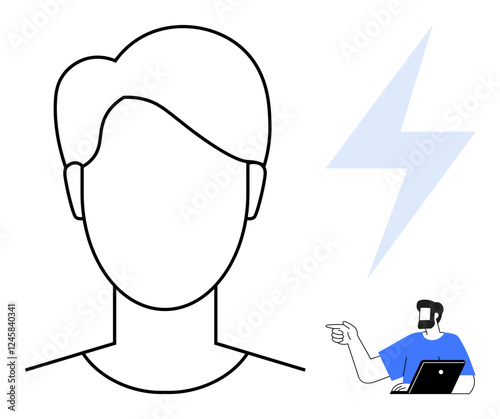 Profile silhouette next to a man pointing while working on a laptop, blue lightning bolt. Ideal for communication, brainstorming, creativity, innovation, teamwork, online collaboration