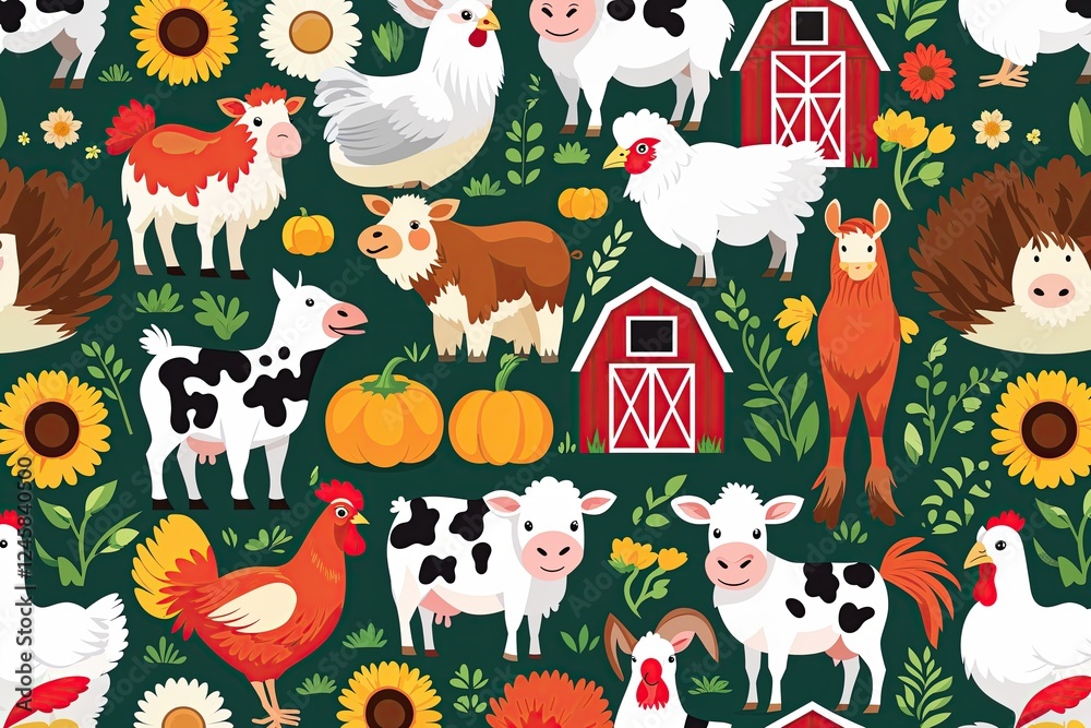 Fototapeta premium Vibrant Agricultural Print Design Featuring Cheerful Farm Animals