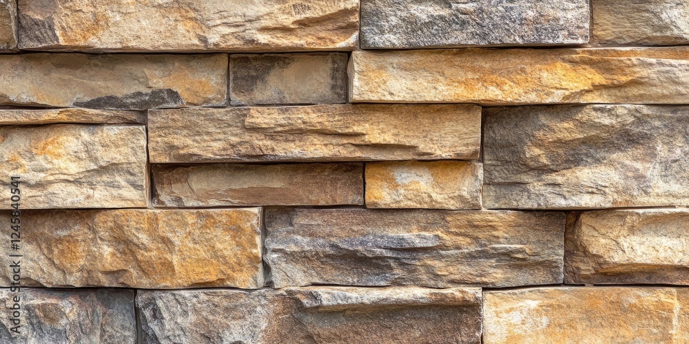 Textured stone wall in warm earthy tones of brown and gold with varied rectangular stone patterns creating a rustic and natural appearance. Textured stone wall in warm earthy tones of brown and gold with varied rectangular stone patterns creating a rustic and natural appearance.