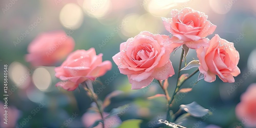 Elegant pink roses adorned with morning dew, positioned centrally against a softly blurred natural background rich in gentle greens and warm light. Elegant pink roses adorned with morning dew, positioned centrally against a softly blurred natural background rich in gentle greens and warm light.